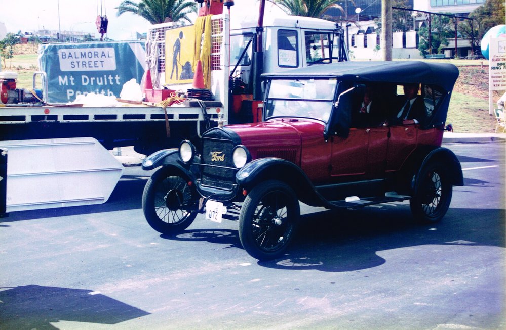 Vintage Ford car in the parade for the opening of the Blacktown CBD ring road