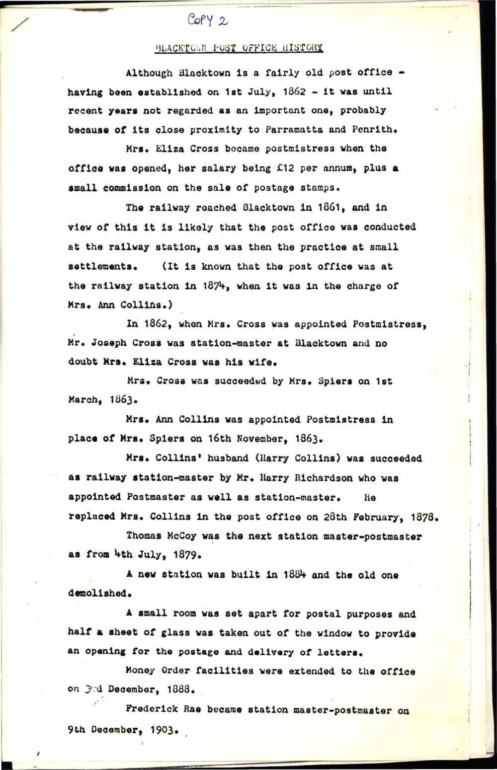 Blacktown Post Office history 1862-1943