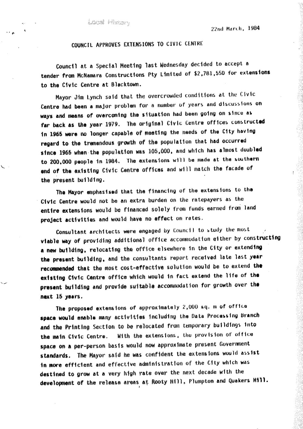 Council approves extension to Civic Centre, 1984