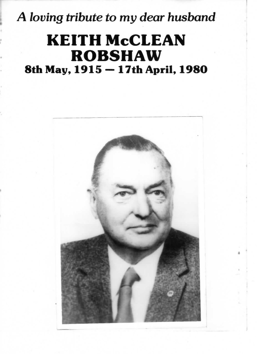 Keith McClean Robshaw tribute, 1980