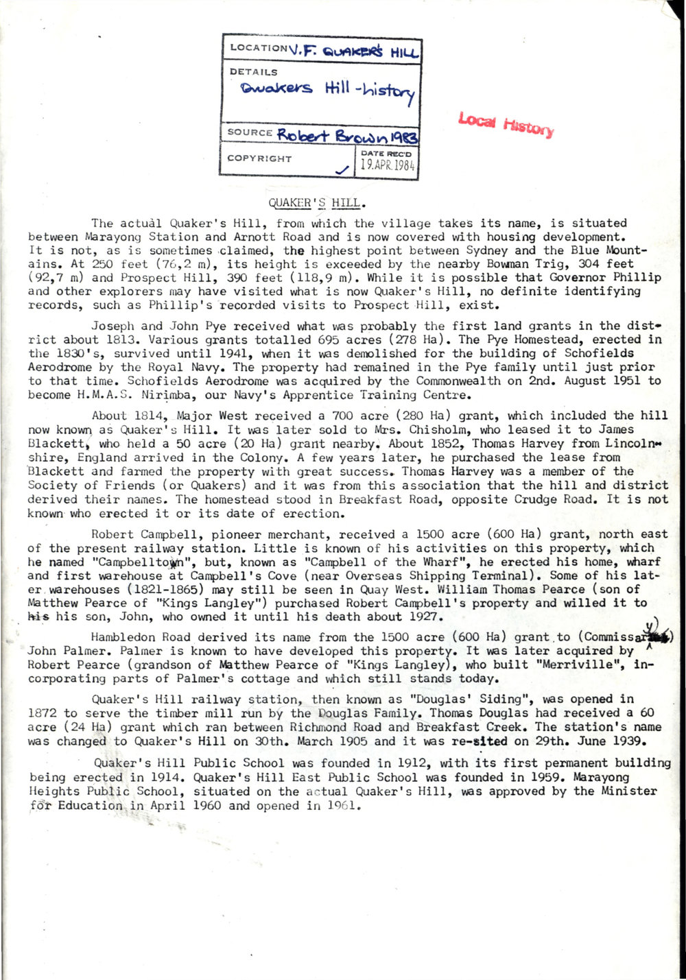 Quakers Hill history