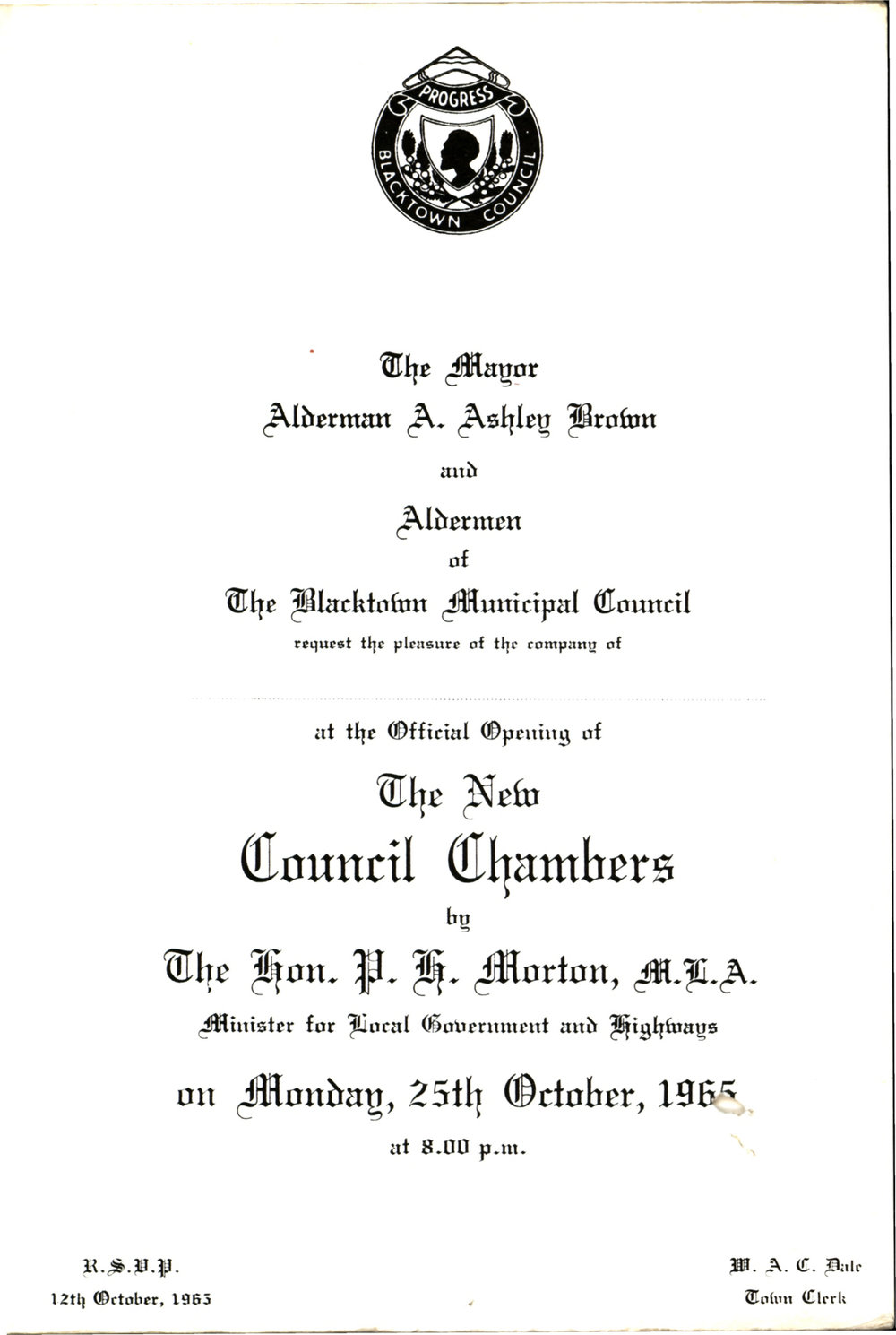 Official Opening of the Council Chambers, invitation, 1965