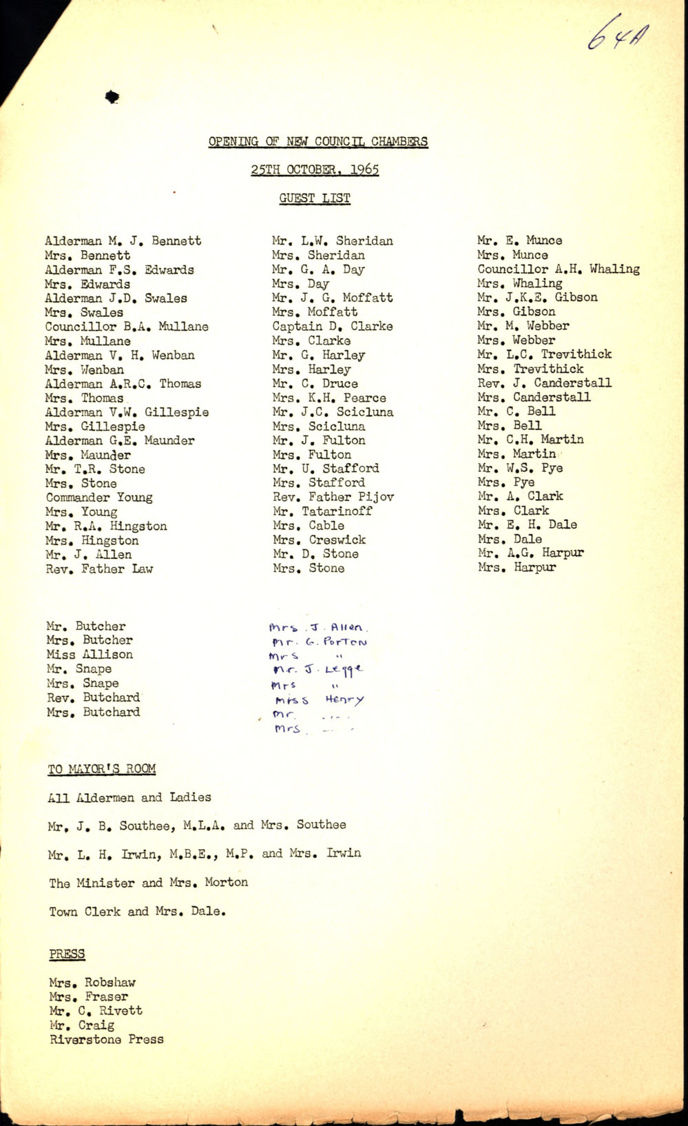 Official Opening of Council Chambers, Guest List, 1965