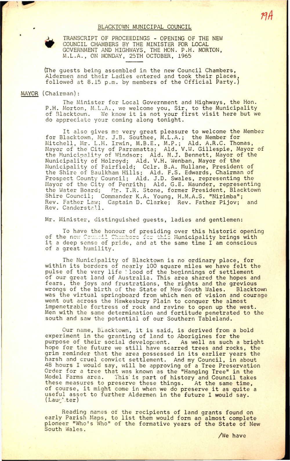 Official Opening of Council Chambers, transcript of proceedings, 1965