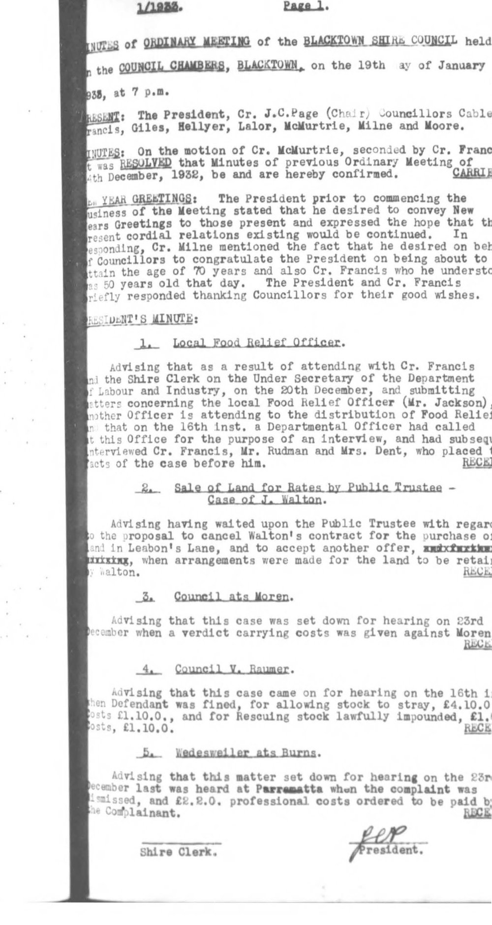 Blacktown Shire Council Minutes, Ordinary Meetings, 1933