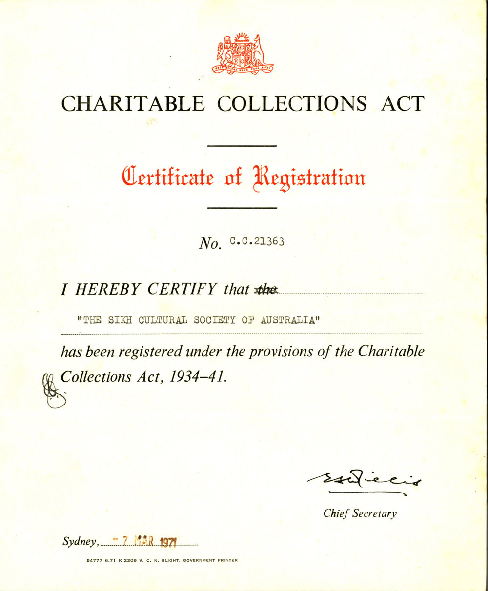 The Sikh Cultural Society of Australia - certificate of registration 