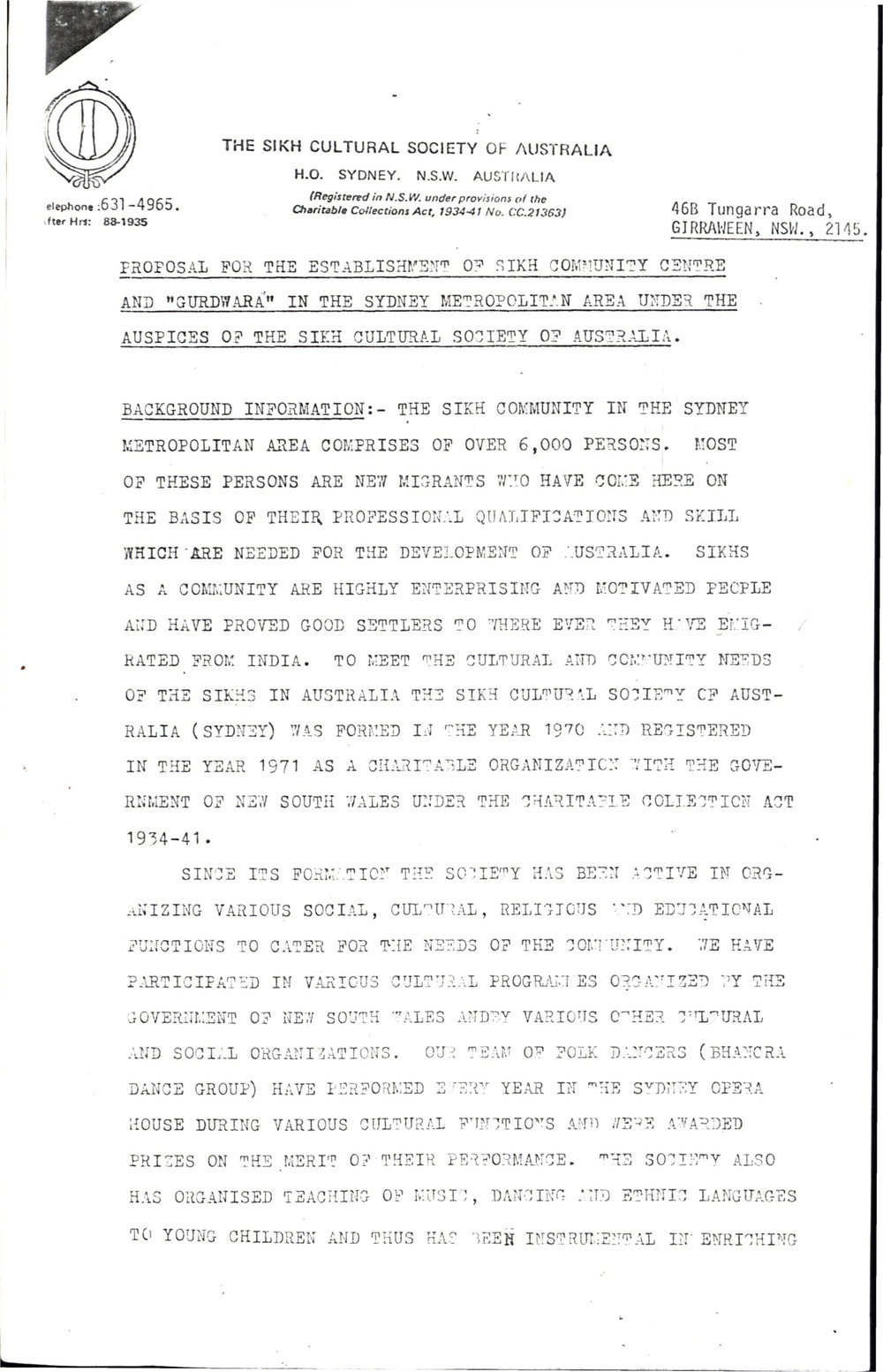 Proposal - Establishment of Sikh Community Centre