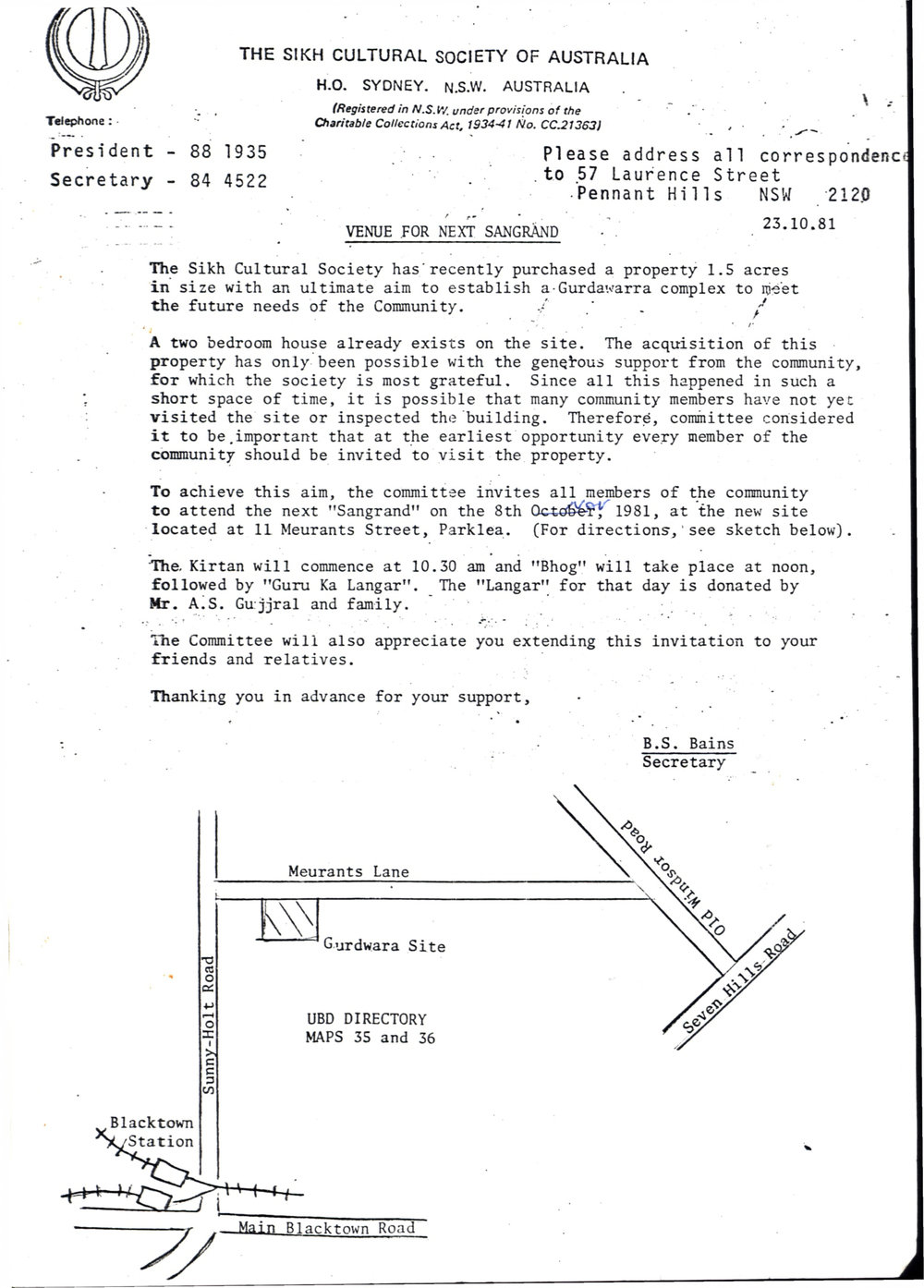 Letter - invitation to view the property for new temple