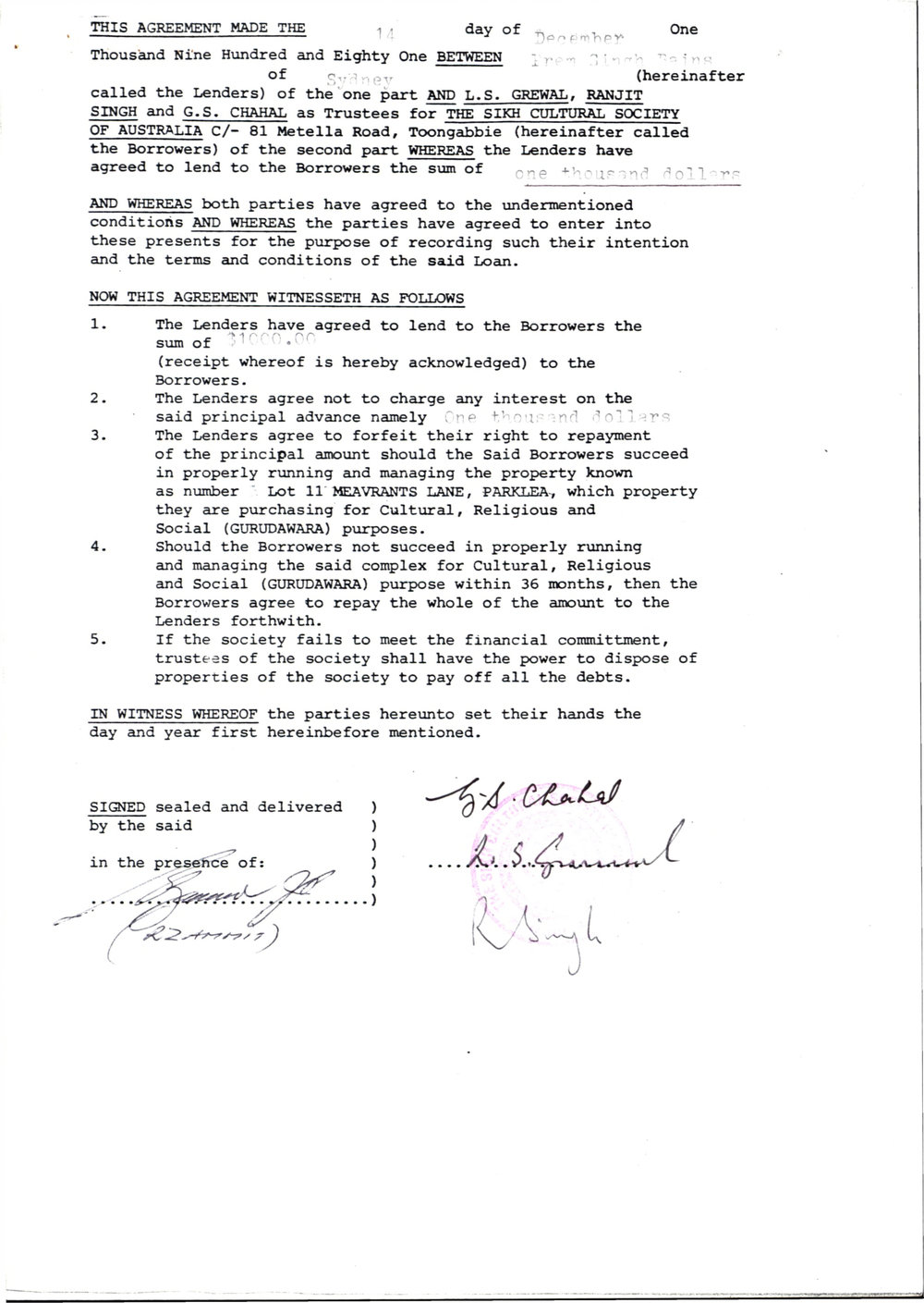 Contributions to purchase of Gurdwara site