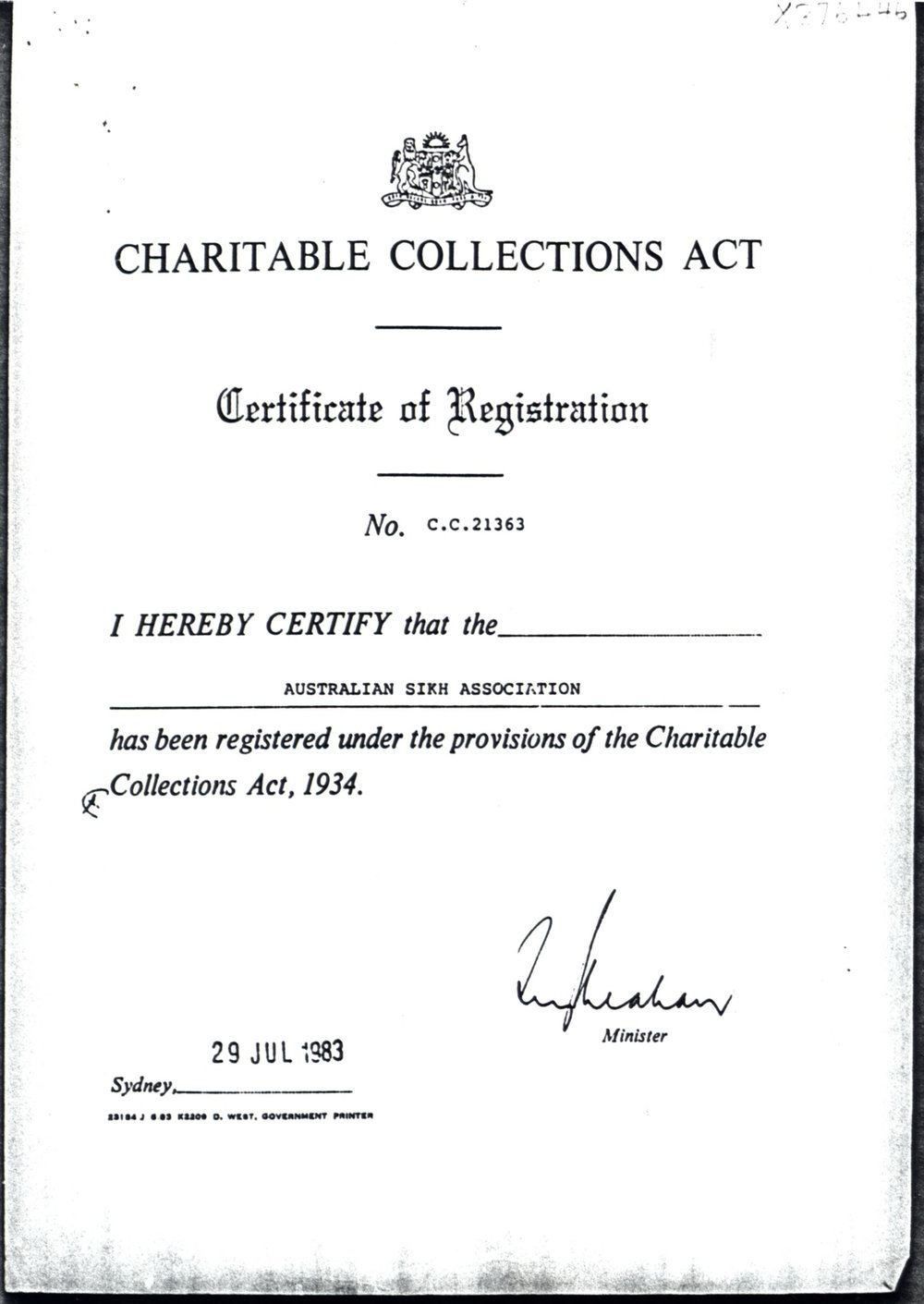 Australian Sikh Association - certificate of registration