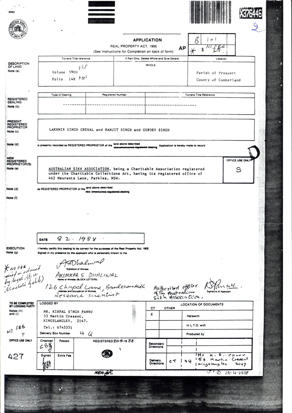 Request to transfer the property to Australian Sikh Association