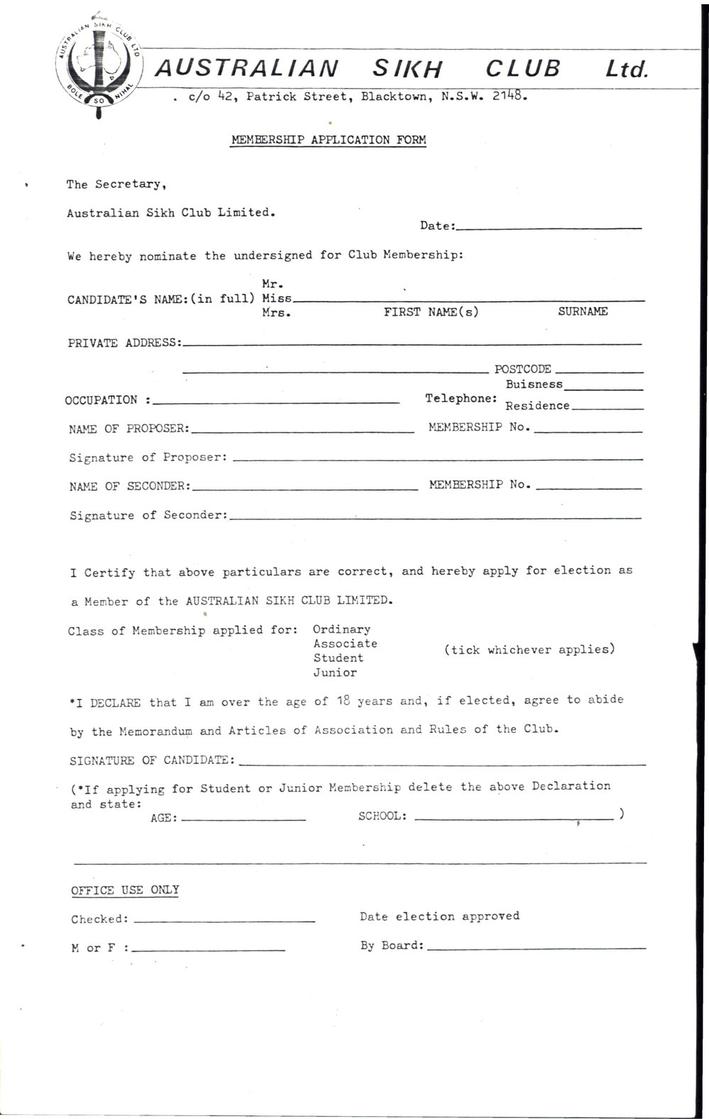 Australian Sikh Club Ltd. - Membership form