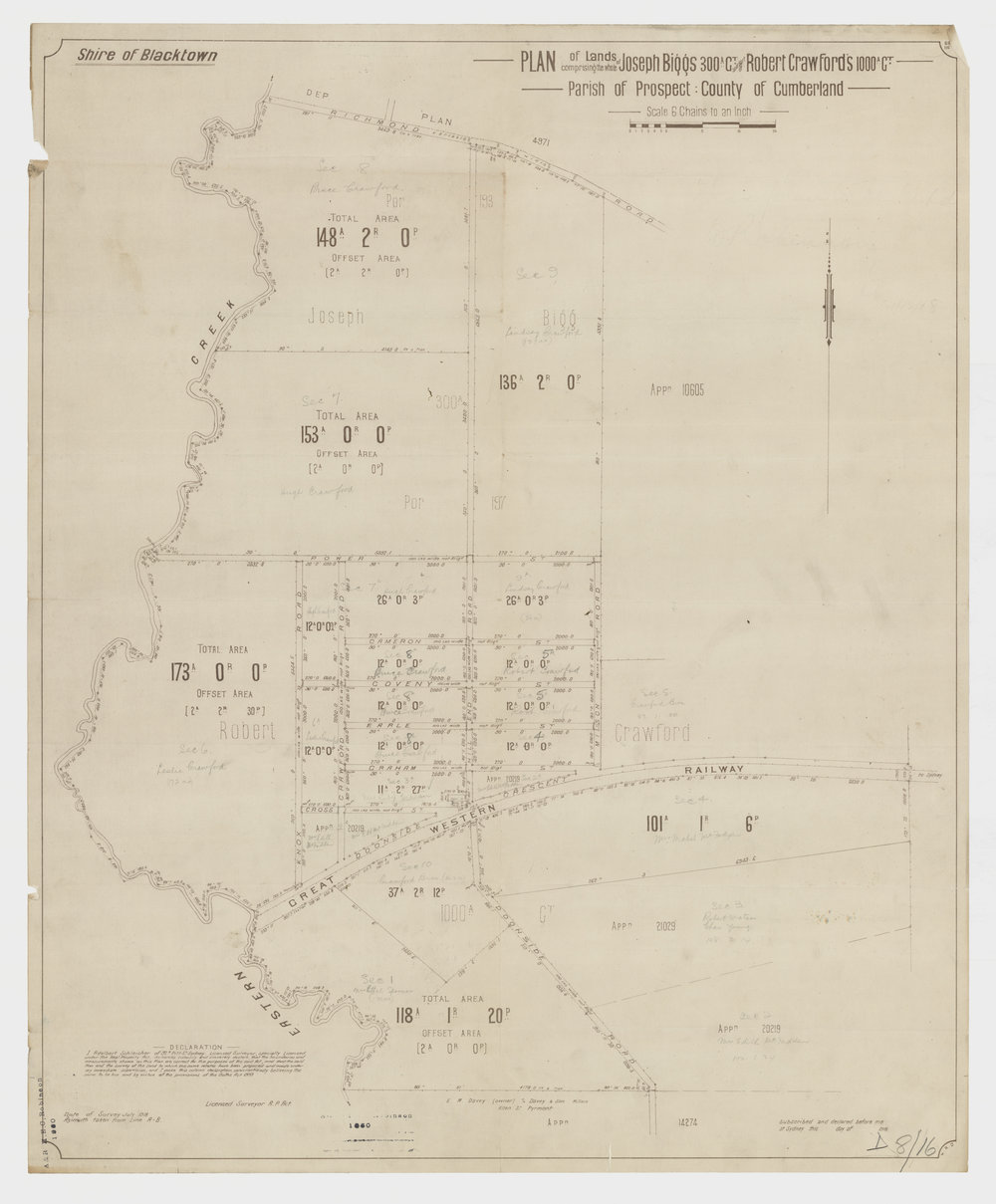 Plan of lands comprising the whole of Joseph Bigg and Robert Crawfords Grants, 1918