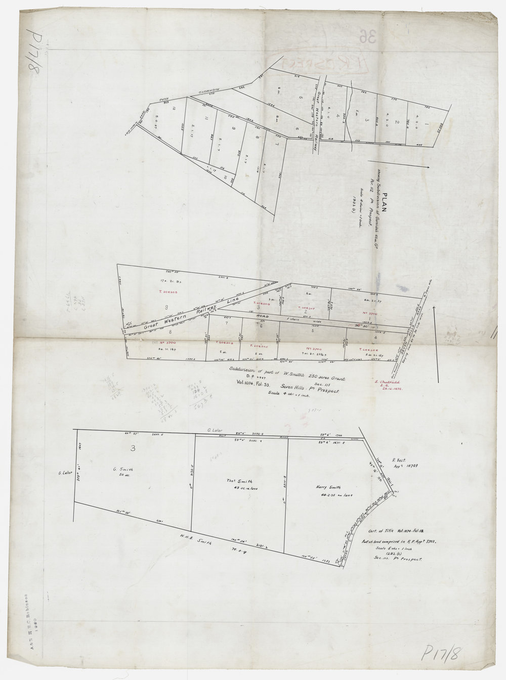 Sketch plan showing three subdivisions at Prospect including Garside's and Smiths