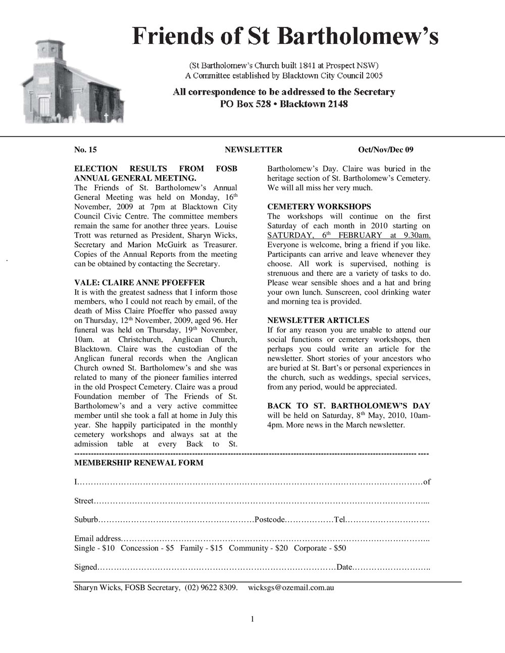 Friends of St Bartholomew's newsletter, No 15, 2009