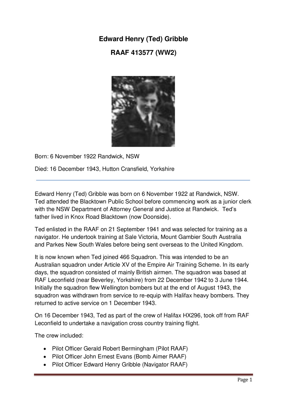 Edward Henry Gribble RAAF - biography