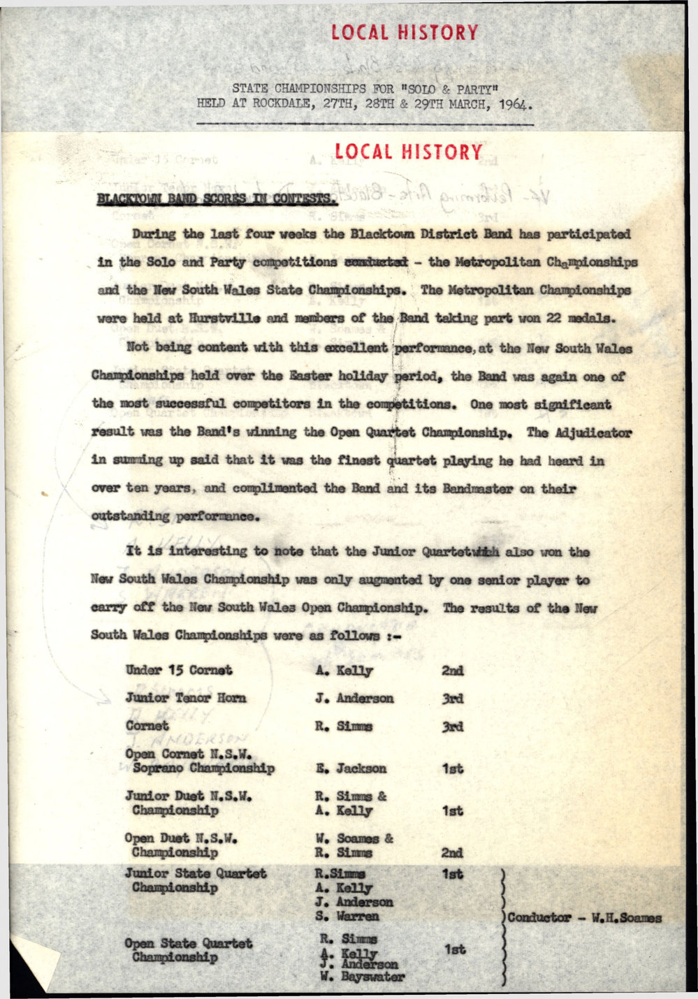 Blacktown Band State championship, 1964