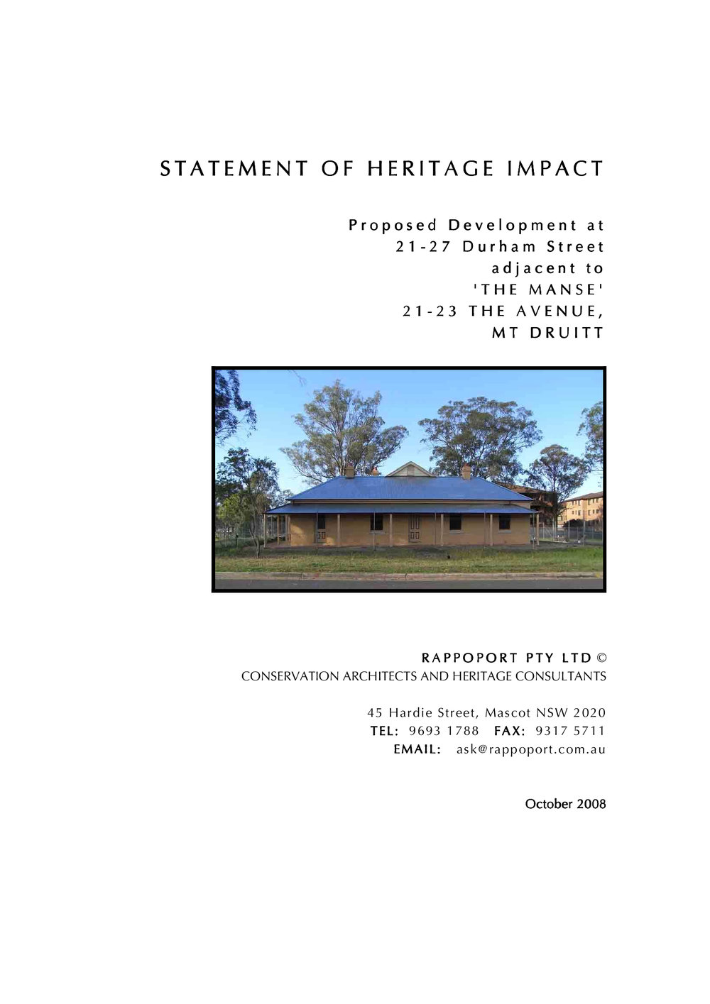 Statement of Heritage Impact, proposed development adjacent to "The Manse", Mount Druitt
