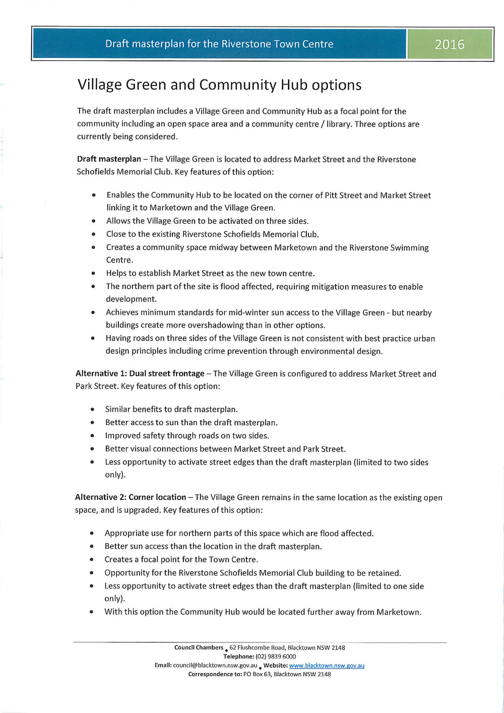 Riverstone master plan, Village green and community hub options, 2016
