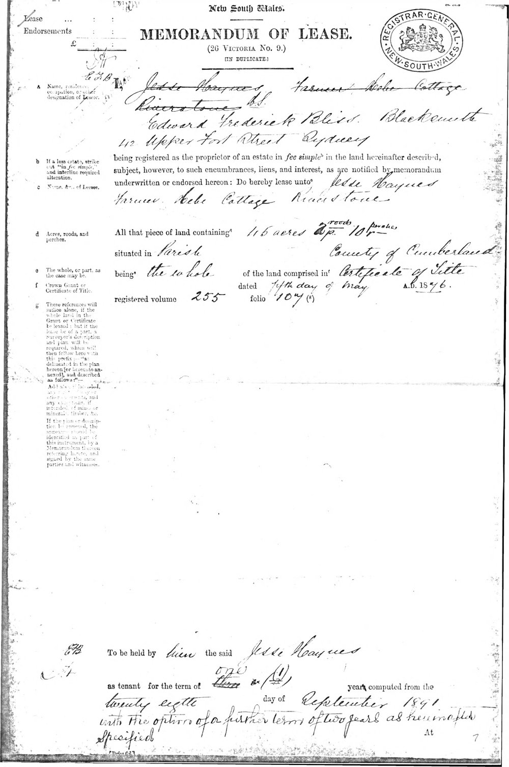 Lease of Hebe Farm Riverstone, 1891