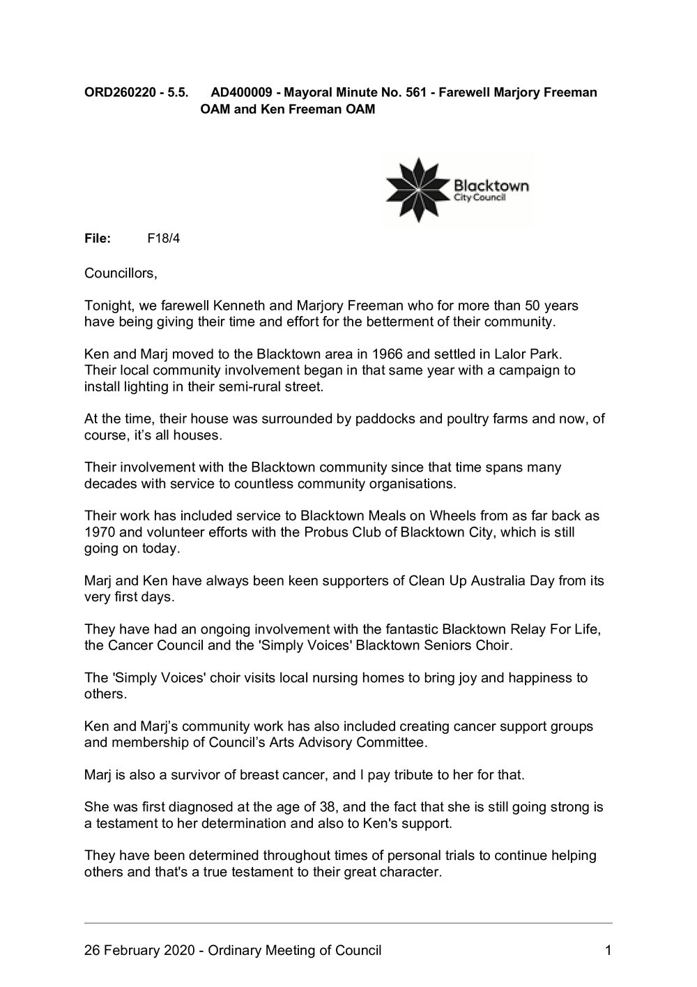 Farewell Marjory Freeman OAM and Ken Freeman OAM, (Mayoral Minute No 561), 2020  