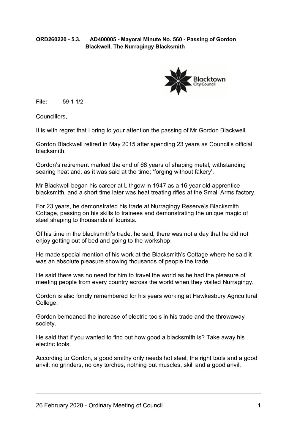 Passing of Gordon Blackwell, (Mayoral Minute No 560), 2020