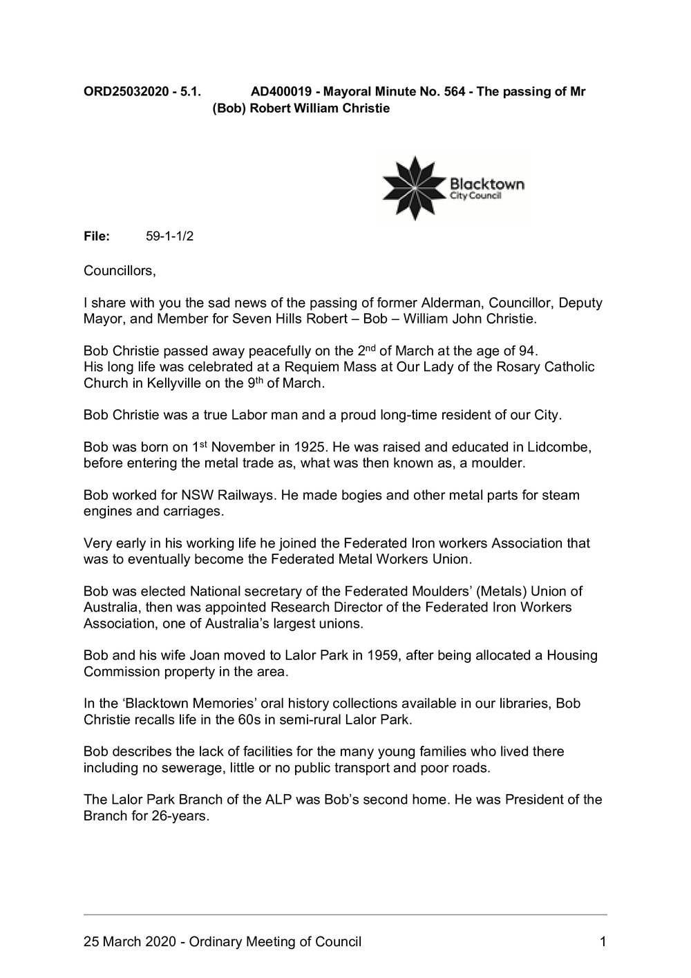 The passing of Mr (Bob) Robert William John Christie (Mayoral Minute No 564), 2020