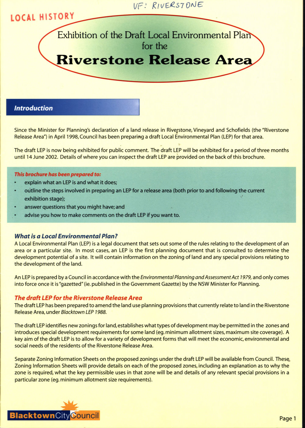 Riverstone Release Area, Exhibition Draft Local Environmental Plan, 2002