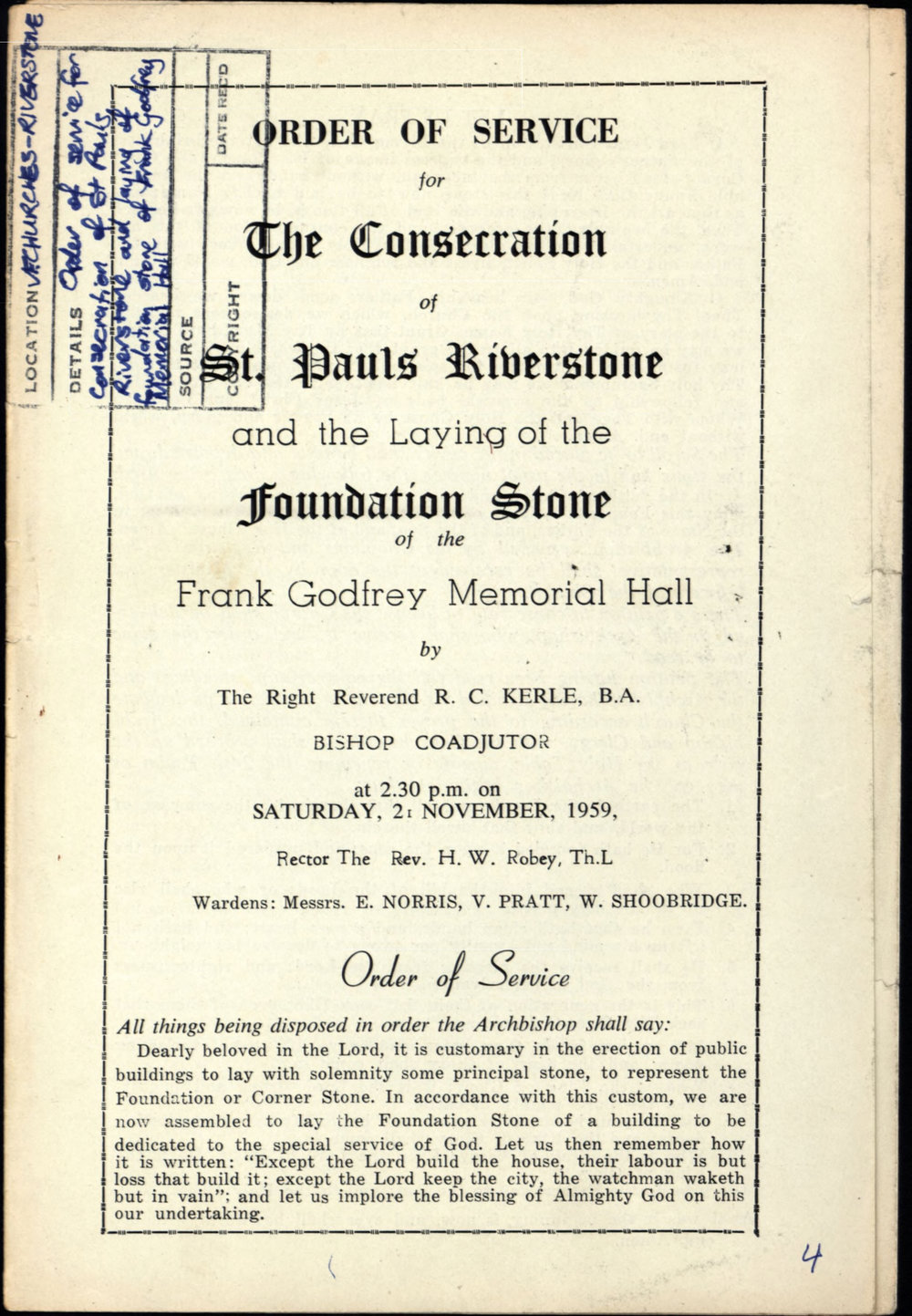 St Pauls Riverstone Consecration 1959