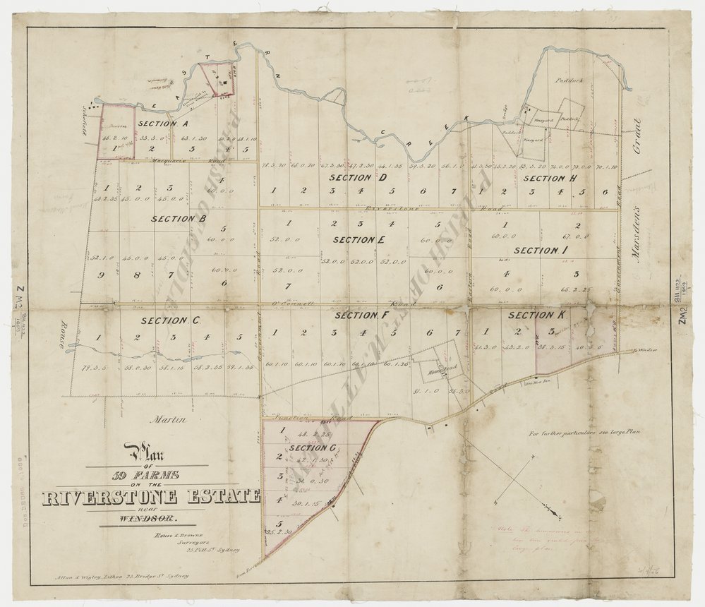 Plan of 59 farms on the Riverstone Estate near Windsor, 1856