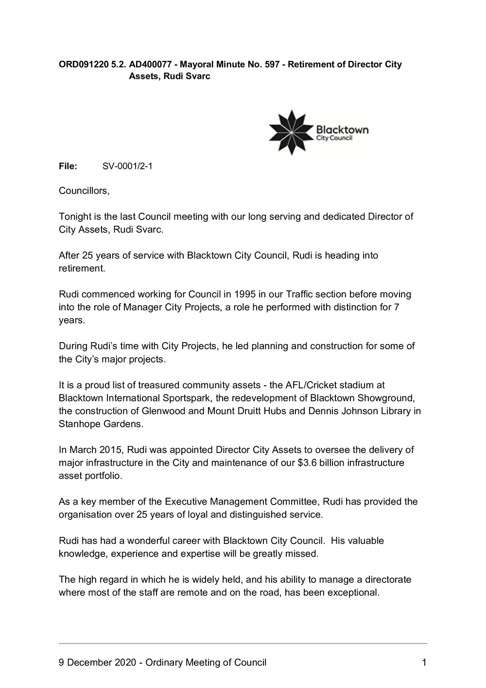 Retirement of Director Rudy Svarcs (Mayoral Minute No 597), 2020