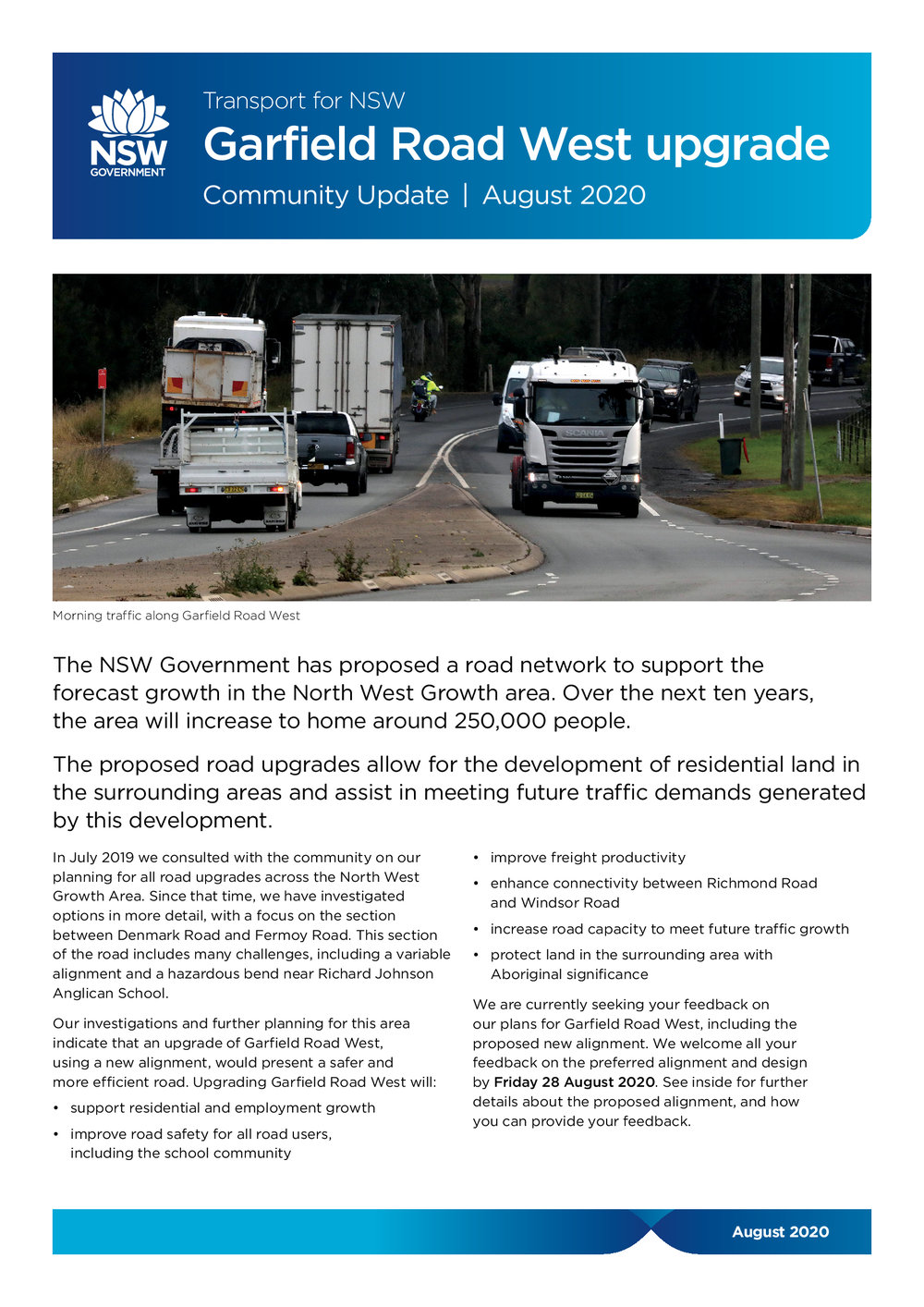 Garfield Road West upgrade, Community Update, August 2020