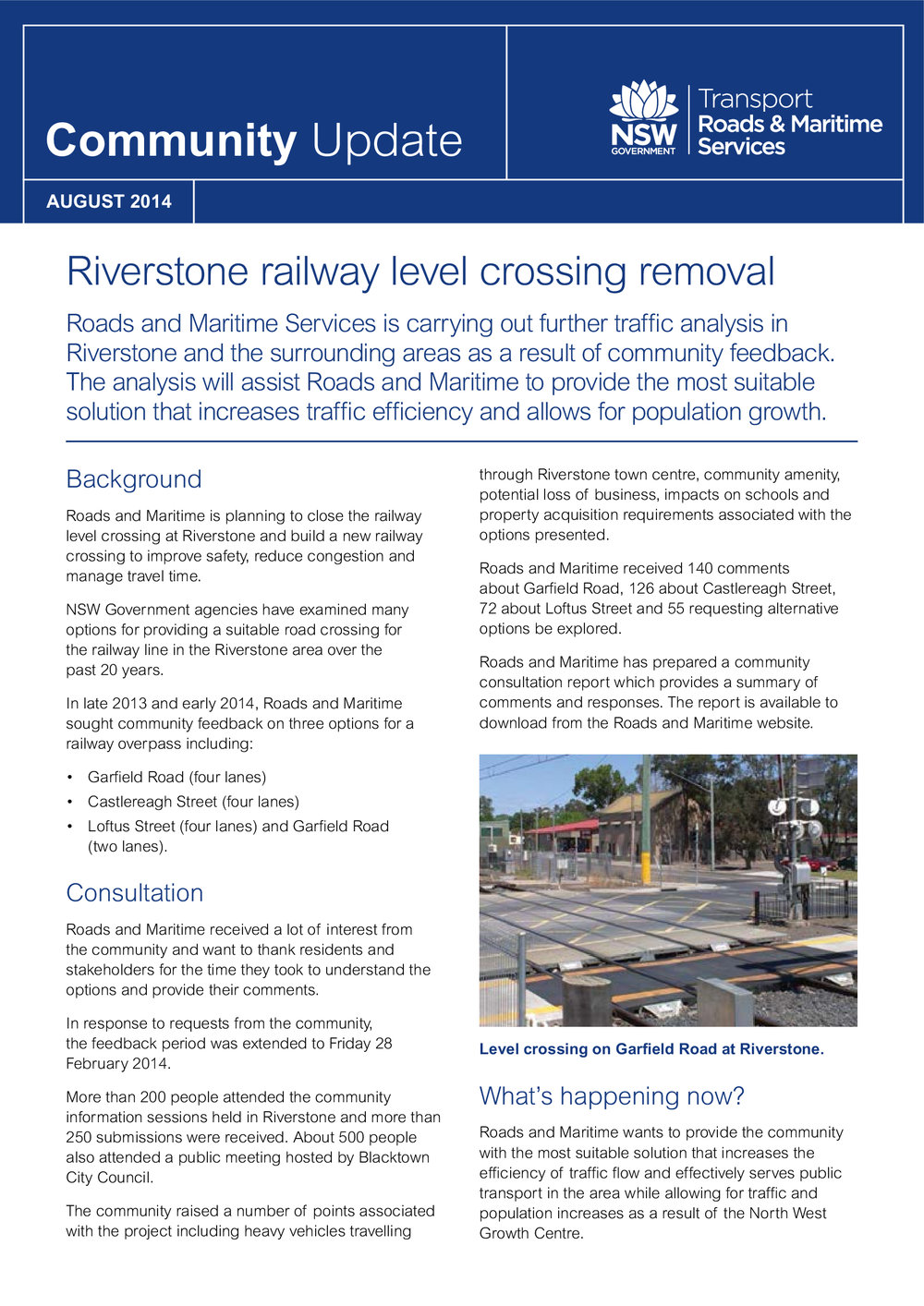 Riverstone Railway Level Crossing Removal, Community Update, August 2014