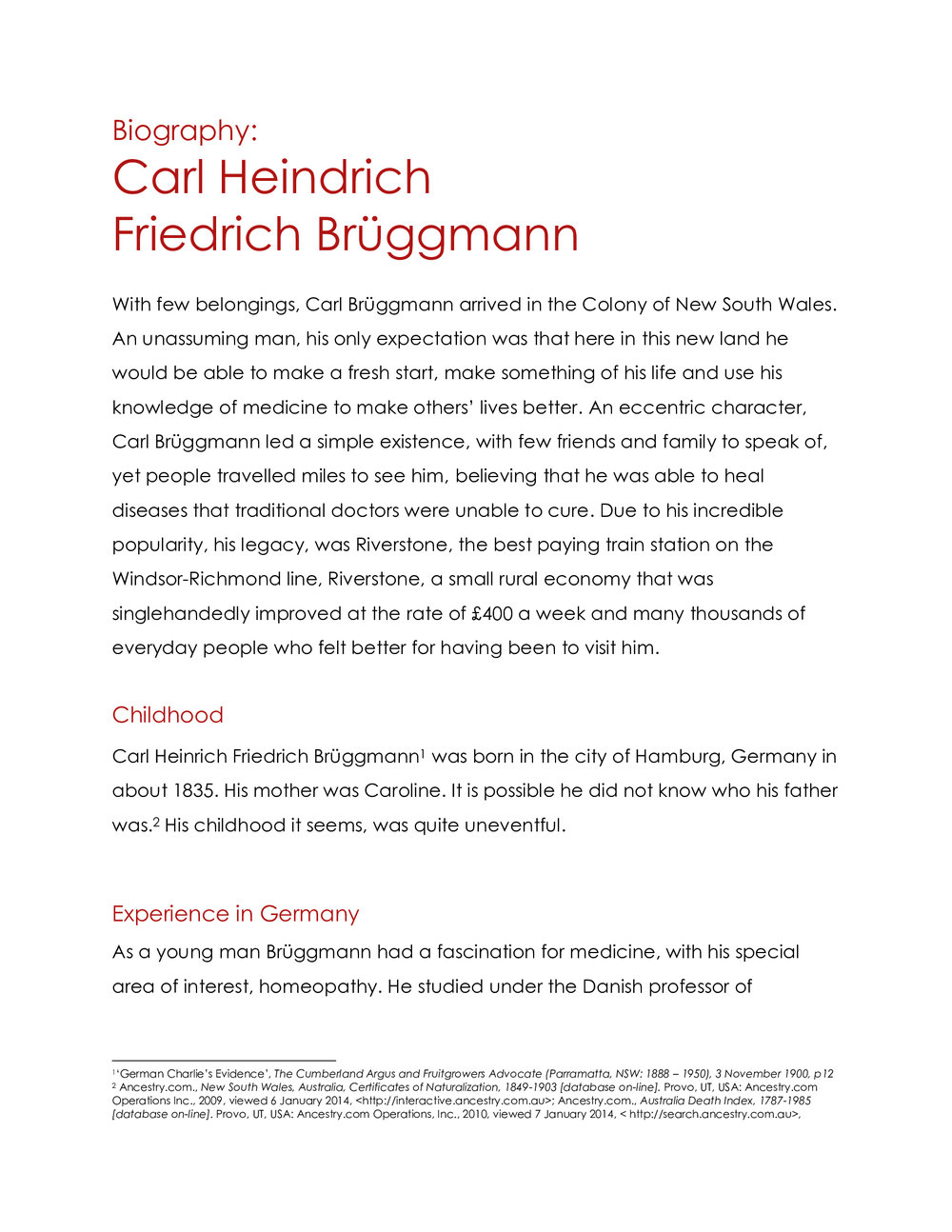 Biography Carl Heindrich Friedrich Bruggmann, 2014