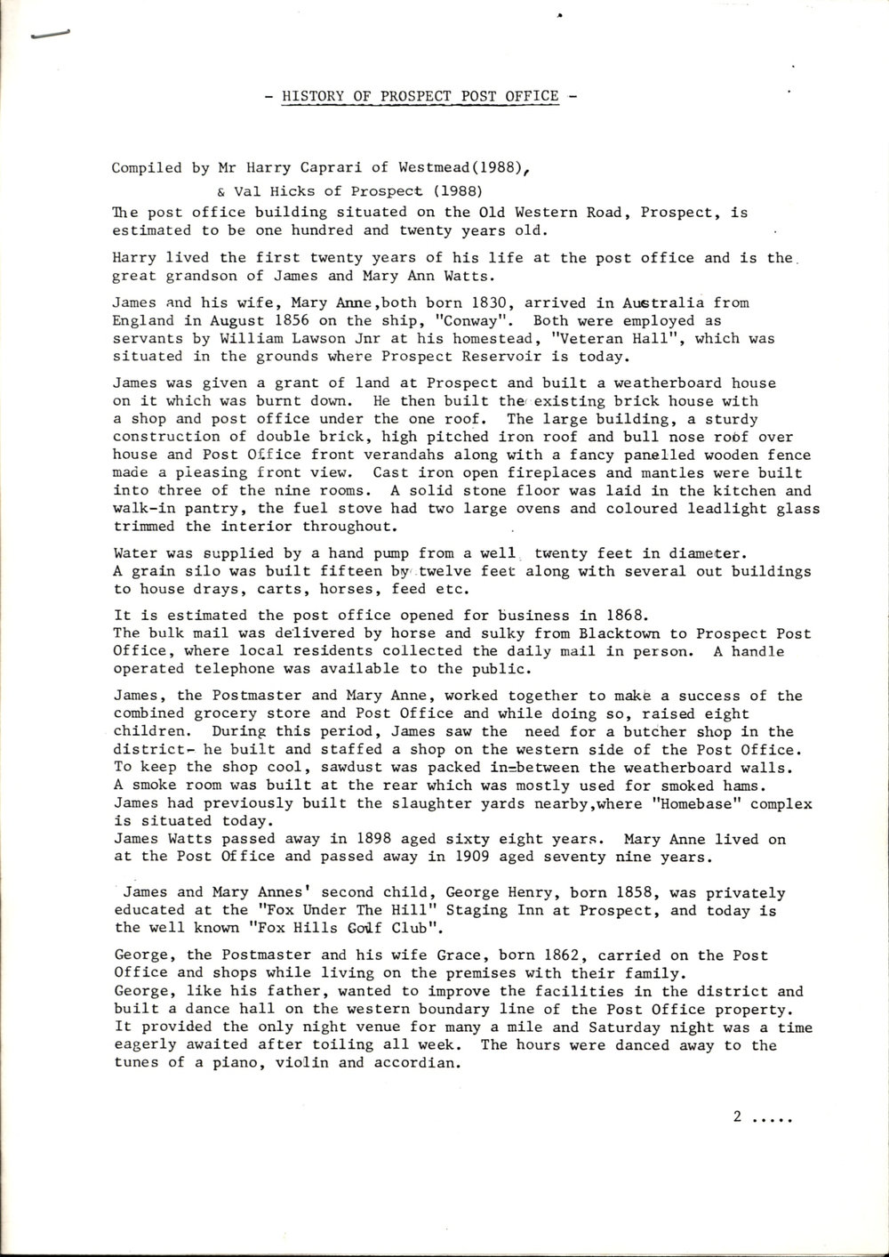 Prospect Post Office History, 1988