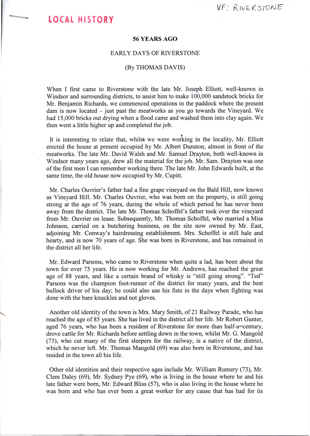 56 Years Ago, The Early Days of Riverstone, Thomas Davis, 1934