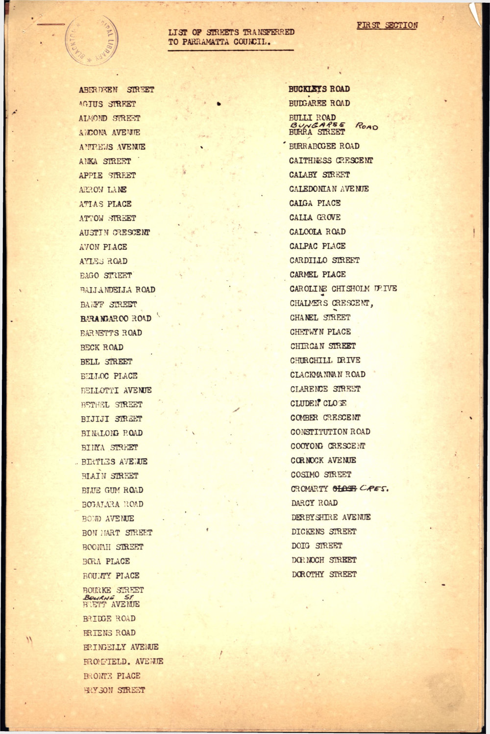 List of streets transferred to Parramatta Council, c1972