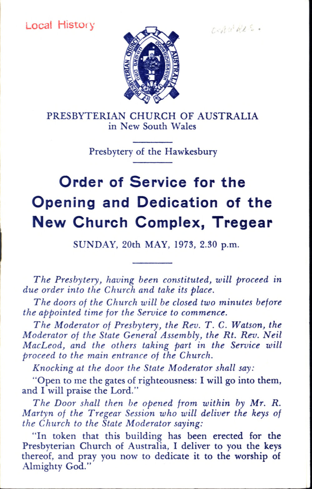 Opening and dedication of Presbyterian Church Tregear, 1973