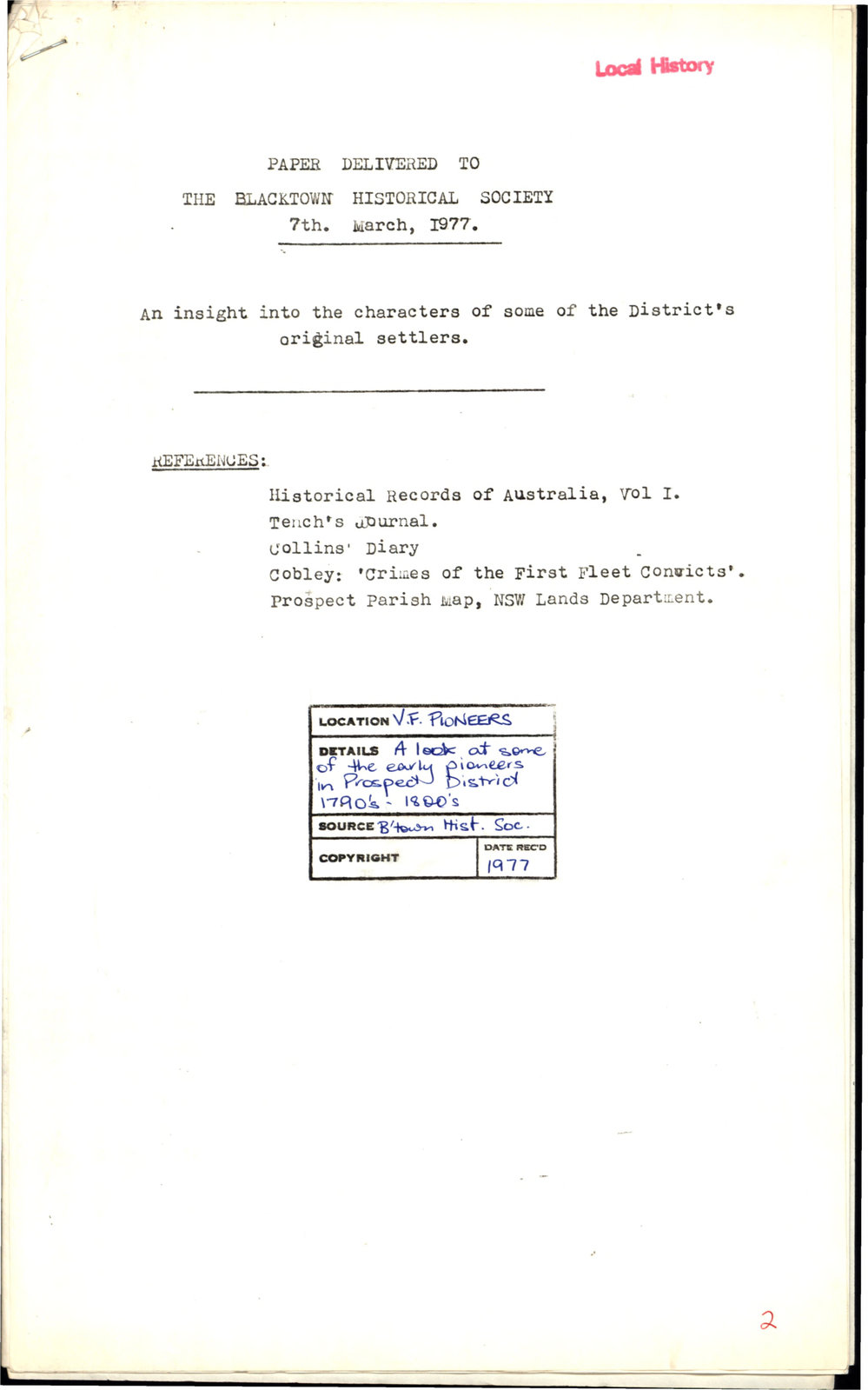 Prospect pioneers - insight into characters, March 1977