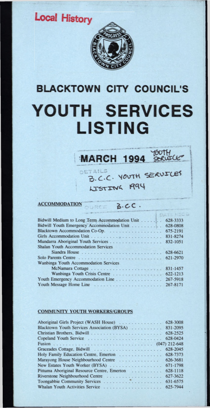 Blacktown City Council's Youth Services Listing, 1994