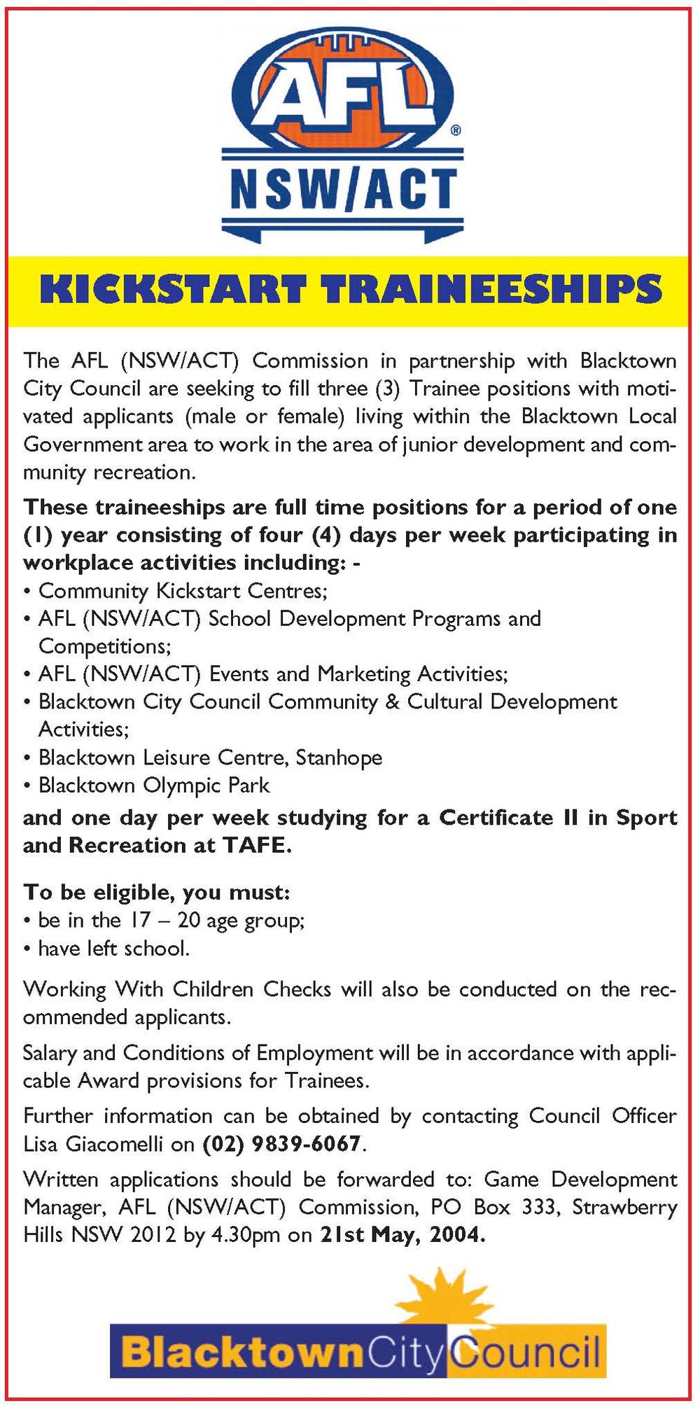 AFL Kickstart Traineeships, 2004