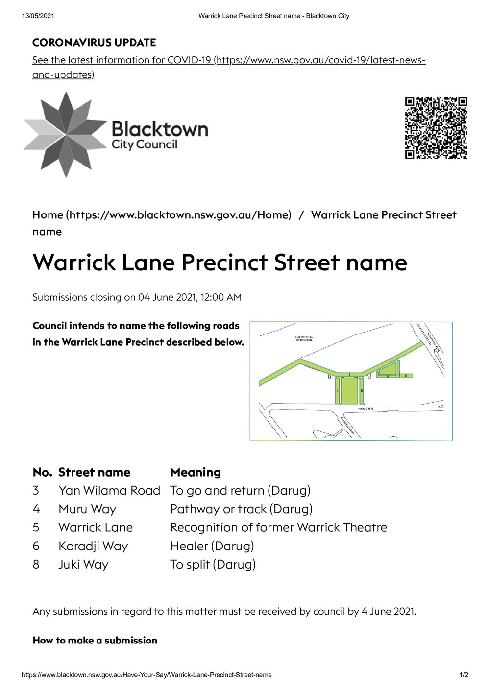Warrick Lane Precinct Street names, 2021