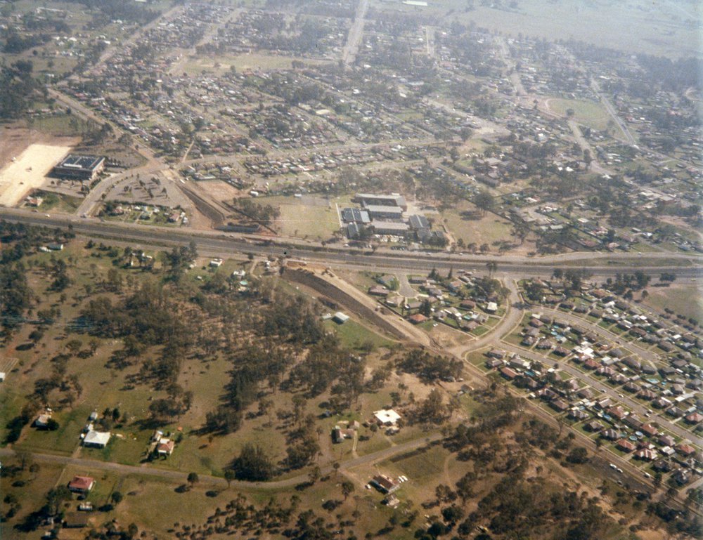 Aerial view of construction of Davis Overpass, Rooty Hill