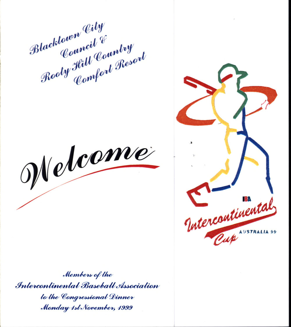 Intercontinental Baseball Association official dinner menu, 1999