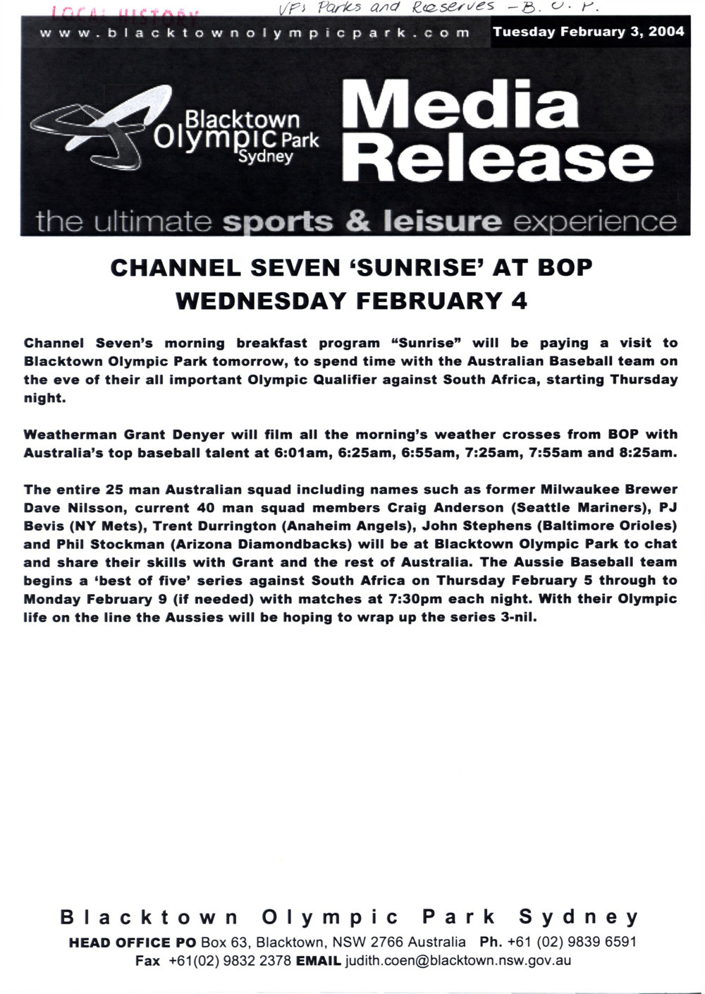 Channel Seven visit to Blacktown Olympic Park, 2004