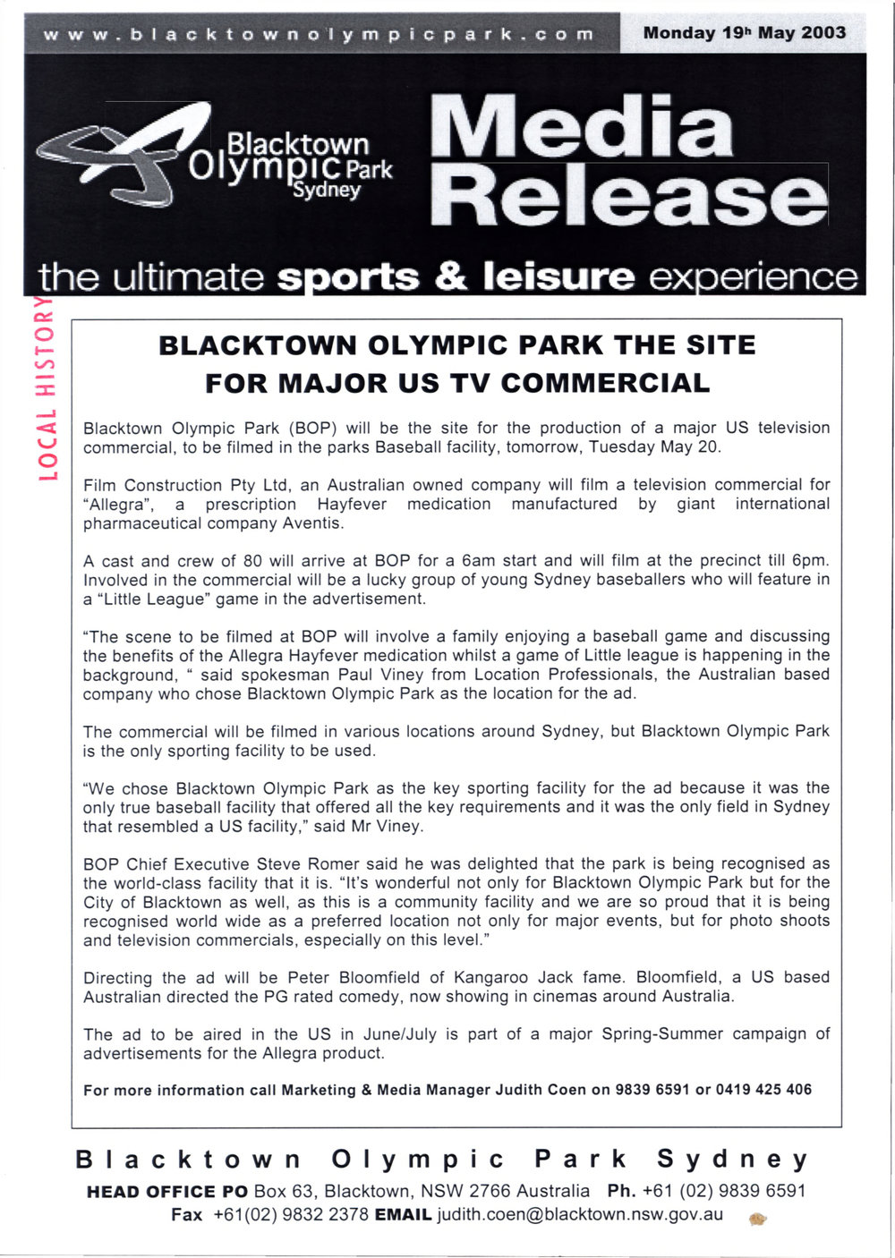 Blacktown Olympic Park the Site for Major US TV Commercial, 2003