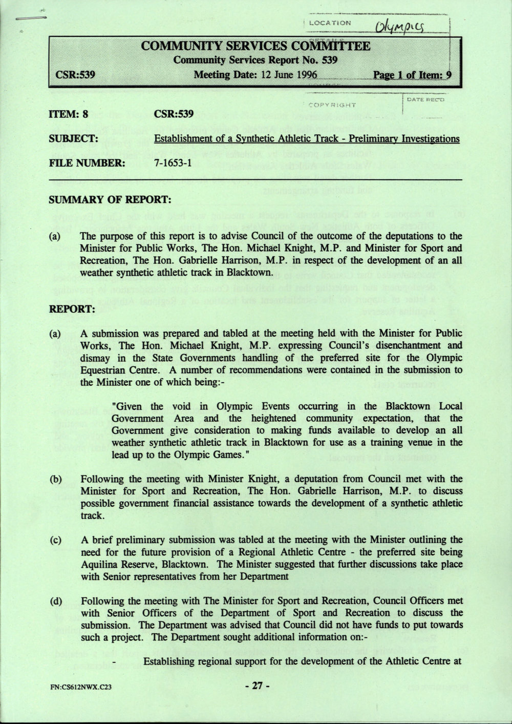 Establishment of a Synthetic Athletic Track, 1996