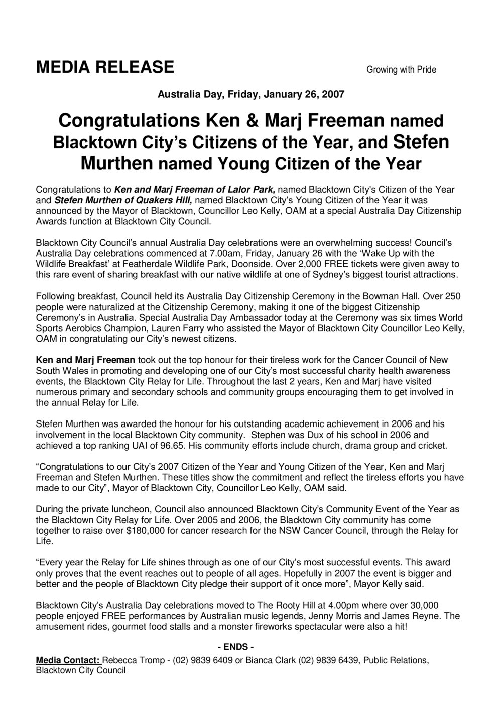 Blacktown City Citizen of Year, 2007