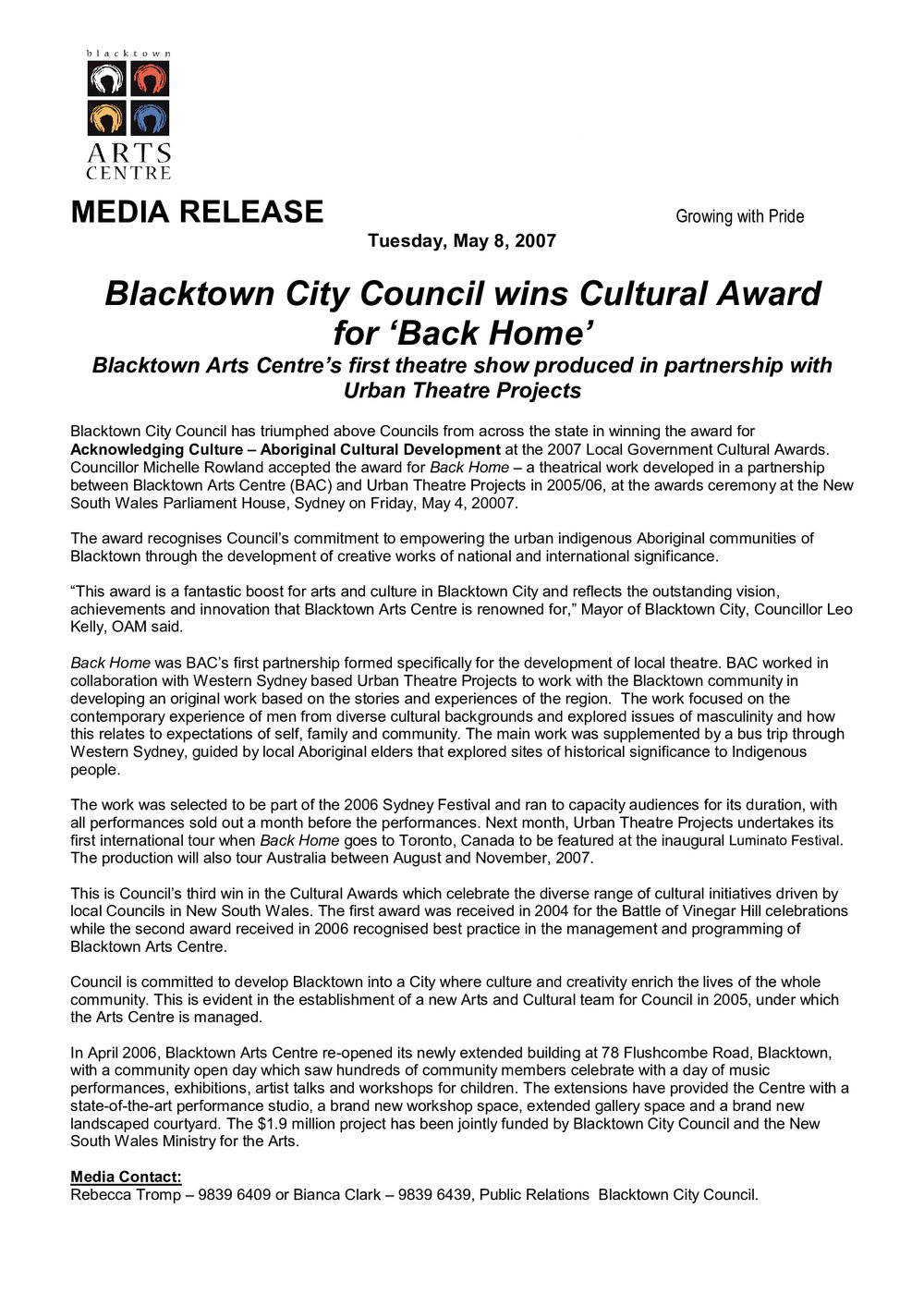 Cultural Award for "Back Home", 2007