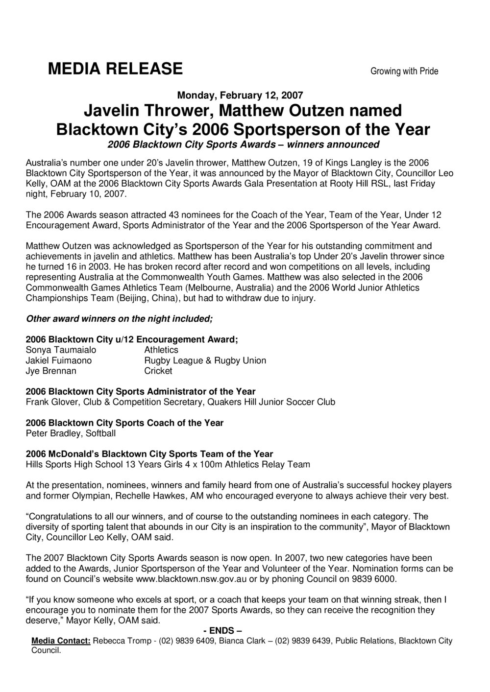 Blacktown City Sportsperson of the Year, 2006